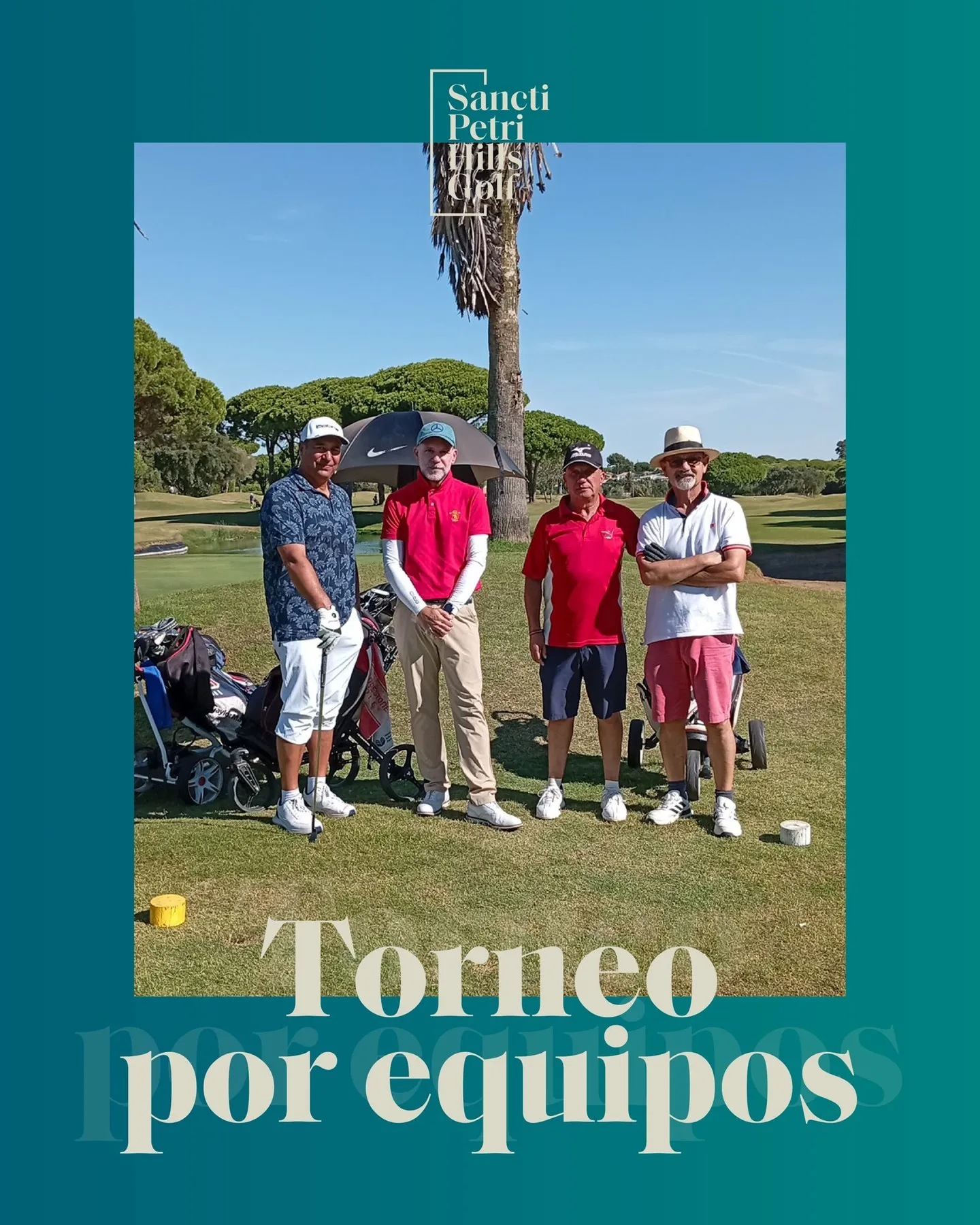 Equipo junto al lago y la palmera antes de su salida en Sancti Petri Hills Golf